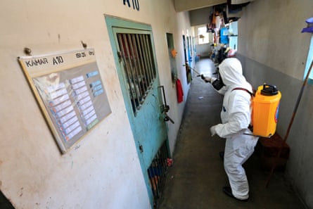 Cells are sprayed with disinfectant to prevent the spread of the coronavirus in Batam City, Indonesia.