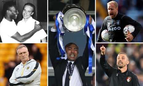 Clockwise from top left: Pelé embraces Mário Zagallo in 1970, Roberto Di Matteo hoists the Champions League trophy high in 2012, Aaron Danks of Aston Villa, Gary O’Neil at Bournemouth and Steve Davis of Wolves.