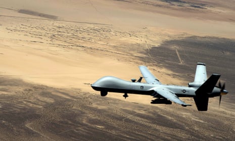 A General Atomics MQ-9 Reaper (formerly named Predator B) unmanned aerial vehicle, or drone.