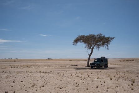 A Land Rover parked in the shade of a solitary tree in the desert