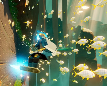 Fish swimming in a screenshot illustration from Sword of the Sea