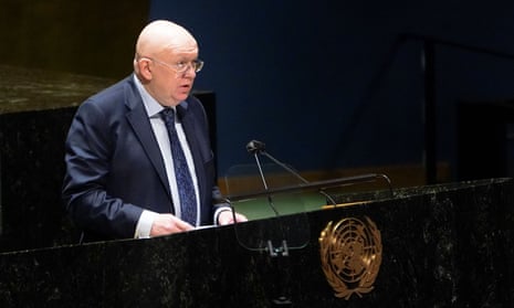 Russian ambassador to the UN Vasily Nebenzya addresses the UN General Assembly on Russia’s invasion of Ukraine, at the United Nations Headquarters in New York.