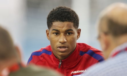 Marcus Rashford speaks to reporters at an England press call.