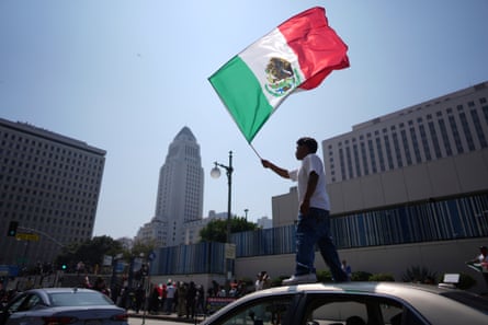Person with flag on car