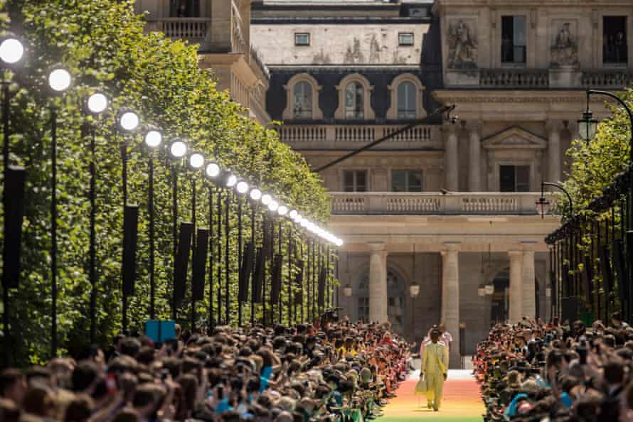 The rainbow-infused runway at Virgil Abloh’s debut Louis Vuitton menswear collection at the Palais-Royale in Paris.