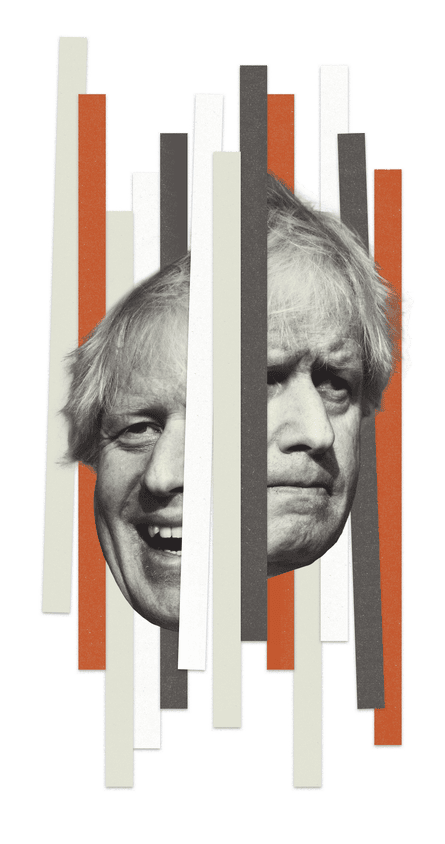 A black-and-white portrait of Boris Johnson split in two by strips of different coloured paper