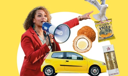 Angela Griffin in Waterloo Road, a scotch egg, scampi fries, a Fiat Punto and a Pret egg and cress sandwich.