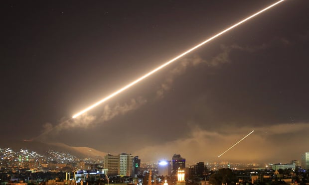 Surface to air missile fire over Damascus during the US-led raid on Syria