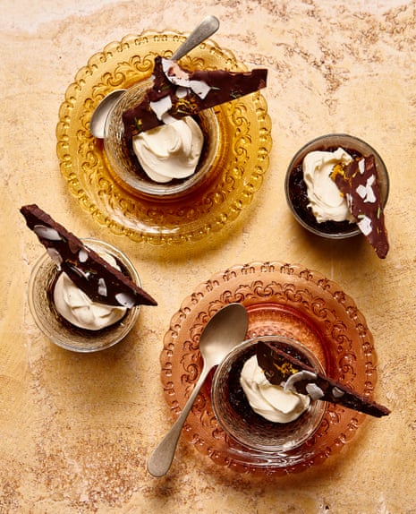 Thomasina Miers' prune and armagnac fool with rosemary-scented chocolate shards.