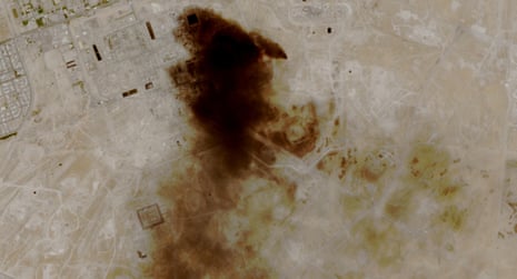 A satellite view of smoke billowing at a Saudi Aramco oil facility after a reported attack last week.
