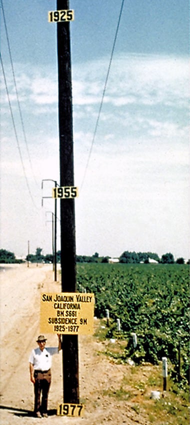 A 1977 photo from the San Joaquin Valley shows subsidence over time as a result of groundwater pumping.
