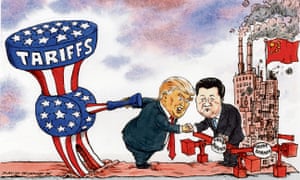 Cartoon of Xi shaking hands with Trump, who is carrying a large stars-and-stripes hammer behind his back marked 'tariffs'.