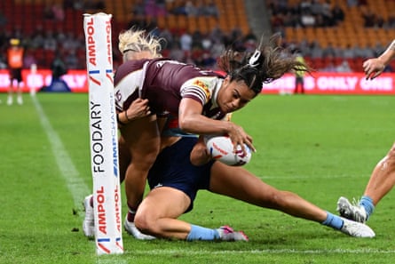 Teagan Berry makes a try-saving tackle on Queensland’s Jasmine Peters in the final minute.