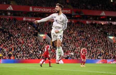 Bruno Fernandes jumps for joy after providing the assist for Harry Maguire’s goal
