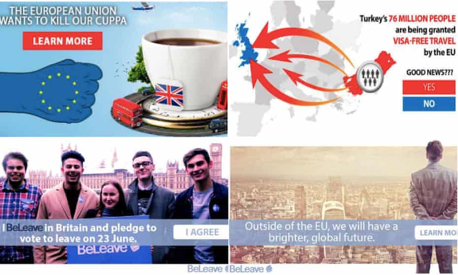 Pro-Brexit ads posted on Facebook during the EU referendum.