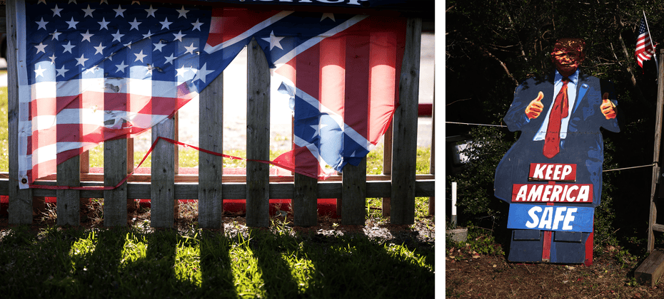 Left: a ragged American and Confederate flag flowing on a fence. Right: a Trump cut-out with a sign that says ‘keep America safe’.
