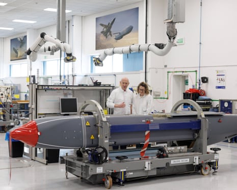 The defence secretary, John Healey, inspects a Storm Shadow missile at the MBDA factory in Stevenage, Hertfordshire, on 31 May 2025.