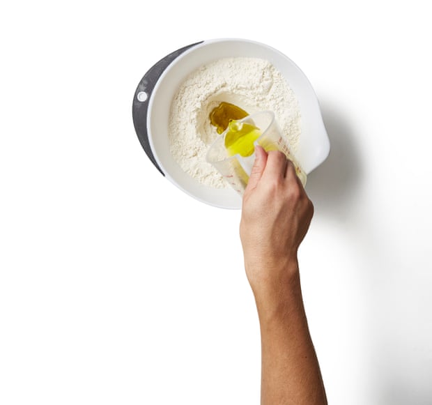 Combine the flour, yeast and salt, then add the oil and water.