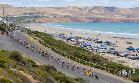 The peloton rides through Aldinga in South Australia during the Tour Down Under in 2020