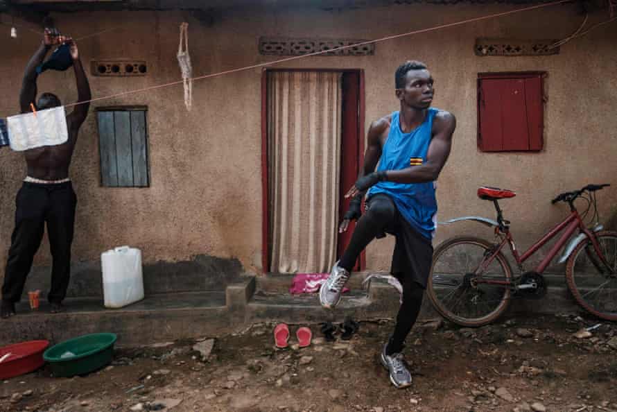 Joshua Tukamuhebwa, 20, trains at home in the Naguru slum in Kampala, 9 April