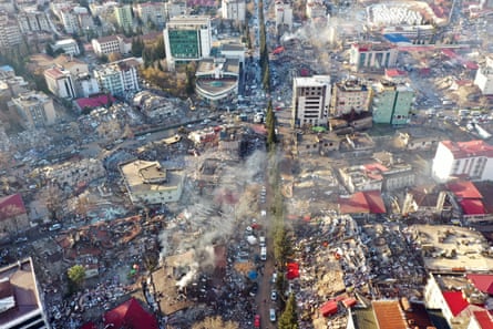 An aerial view of collapsed buildings in Kahramanmaras on 7 February.