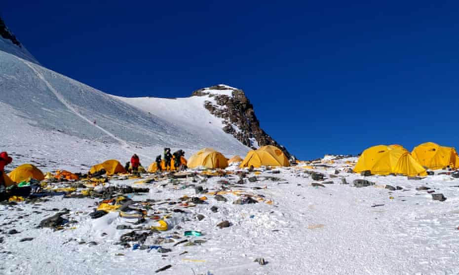 Discarded climbing equipment and rubbish around Camp 4 on Mount Everest.