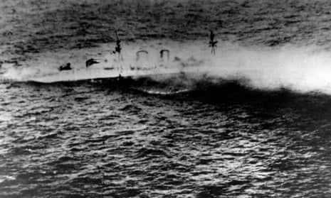 The Royal Navy heavy cruiser HMS Exeter sinking during an operation in the Java Sea on 1 March 1942. The shipwreck has been plundered by scavengers.