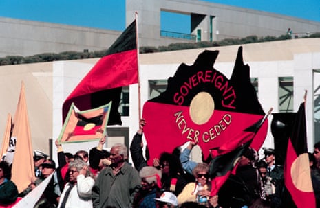 Student, Indigenous and union protesters demonstrate against budget cuts in the Parliament House forecourt in August 1996