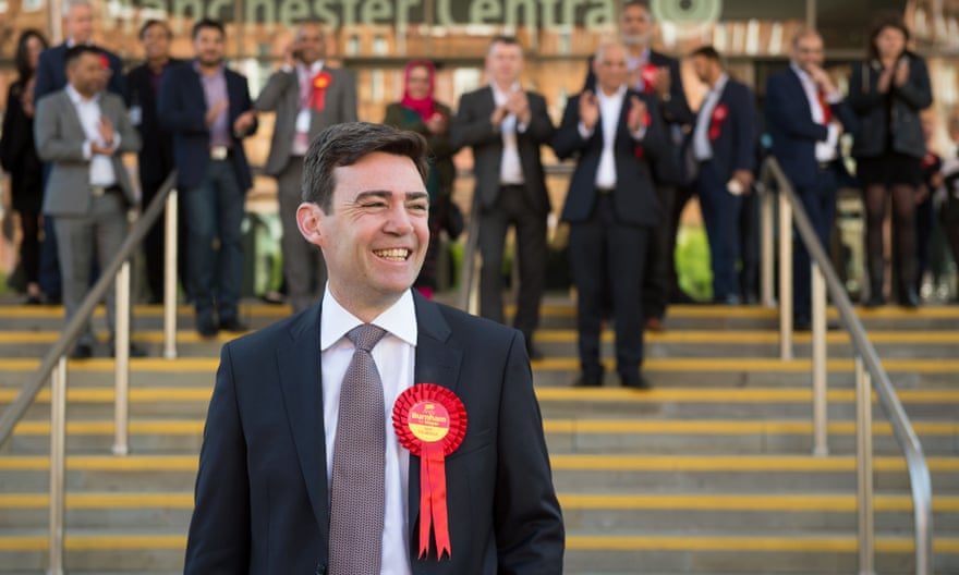 Burnham celebrates after being elected as mayor of Greater Manchester in 2017.