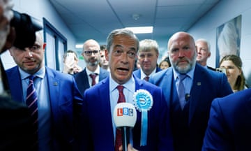 Reform party leader Nigel Farage speaking to the media following his election win in Clacton-on-Sea, Essex, 5 July