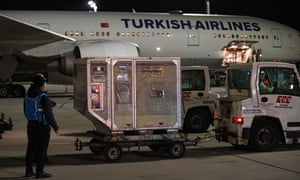 Containers of a second batch of Covid-19 vaccines, ordered from Chinas Sinovac Biotech Ltd., are being unloaded upon arrival at Istanbul Airport on January 25, 2021 in Istanbul, Turkey.