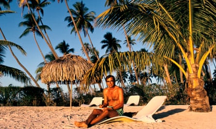 Globe-trotter: Theroux on a beach in French Polynesia in 1991.