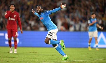 André-Frank Zambo Anguissa celebrates scoring Napoli’s second goal in their 4-1 win against Liverpool in September