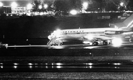 Scene of the crime ... the hijacked Northwest Airlines 727 refuels at Tacoma international airport, Seattle, while the cash demanded was being collected, on 25 November 1971. 