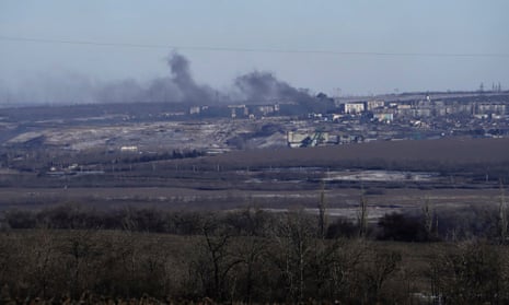 Smoke billows during fighting between Ukrainian and Russian forces in Soledar, Donetsk region, Ukraine.