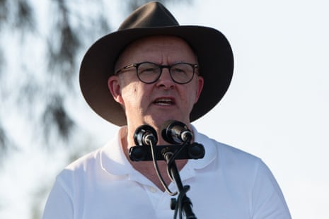 Anthony Albanese speaks during the ceremony marking the 40th anniversary of the handback of Uluru to traditional owners on 25 October.