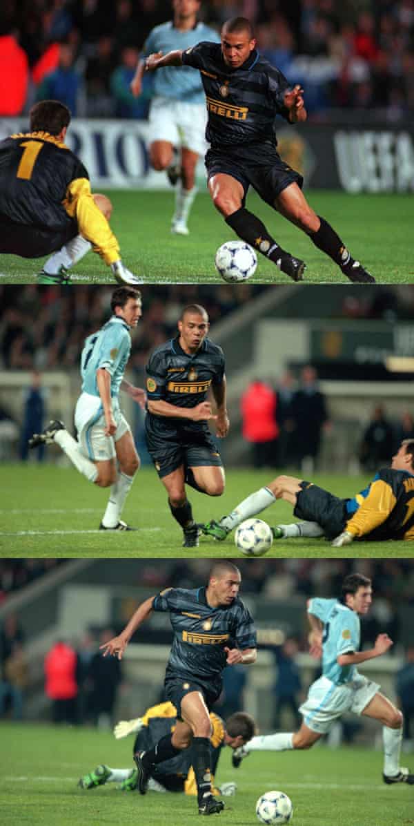 Ronaldo takes the ball around Lazio goalkeeper Luca Marchegiani before slotting the ball into the empty net for Internazionale’s third goal.