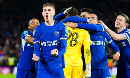 Cole Palmer celebrates Chelsea’s Carabao Cup quarter-final win over Newcastle on 19 December 2023