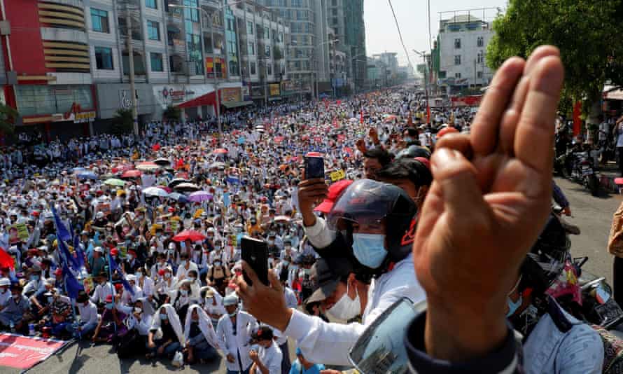 Myanmar Protesters Hold General Strike As Crowds Push For Five Twos Revolution Myanmar The Guardian Myanmar Protesters Hold General Strike As Crowds Push For Five Twos Revolution Myanmar The Guardian