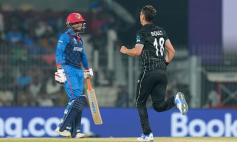 New Zealand's Trent Boult celebrates the dismissal of Afghanistan's Azmatullah Omarzai.