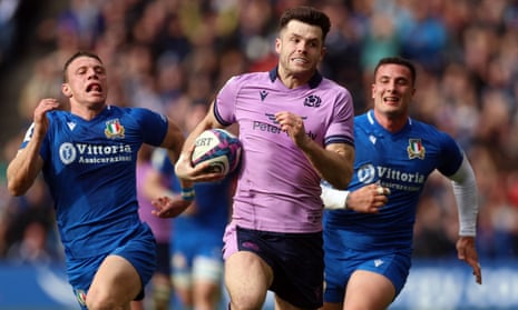 Blair Kinghorn turns on the burners to elude the Italian defense and cross to score Scotland's fourth try and complete his hat-trick
