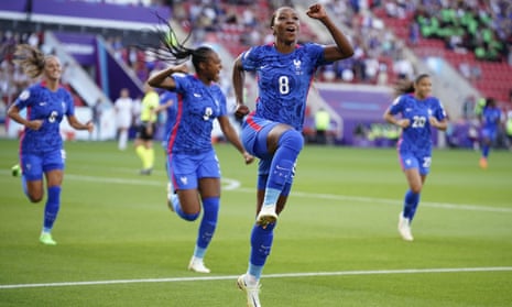 France's Grace Geyoro celebrates after scoring their opening goal against Italy.
