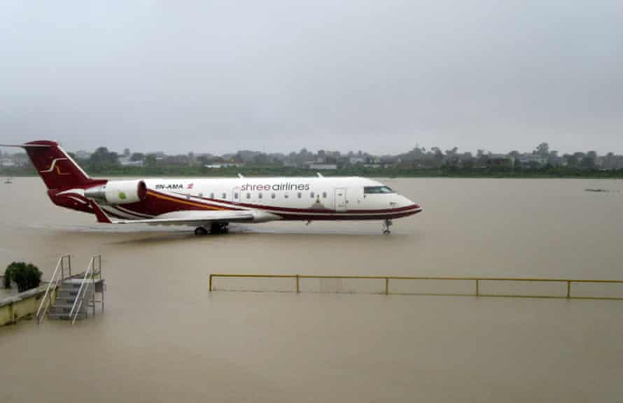 The flooded apron of Biratnagar airport after heavy rains in Biratnagar, some 240km from Nepal’s capital Kathmandu