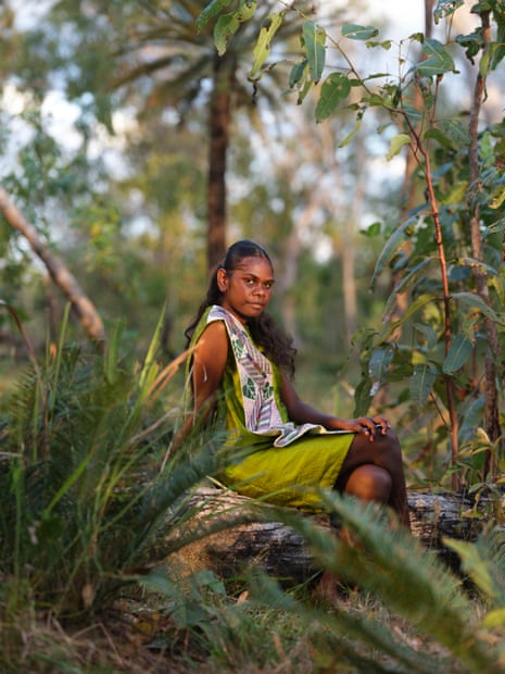 Local model Reynelle Garrawurra, wearing a dress from Lomuyirr (Soar), the 2024 collection by Bula’bula Arts and Black Cat Couture NT. Reynelle Garrawurra participated in a one-week modelling workshop with Tiwi Islands model Cassie Black, which culminated with a location photo shoot on Country. Photographed by Alana Holmberg on 27 June 2026. Northern Territory, Australia.