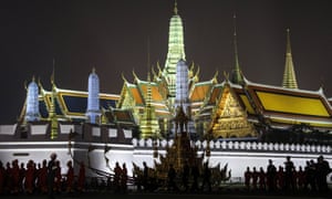 The ‘great victory royal chariot’ is pulled by Thai army officials in preparation for the royal cremation ceremony near the Grand Palace in Bangkok, Thailand, on Thursday.