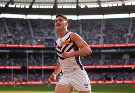 Patrick Voss celebrates kicking a goal for Fremantle at the MCG