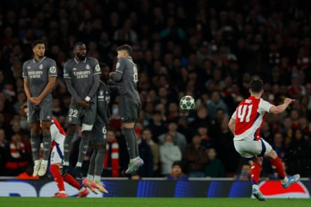 Declan Rice scores the first of his two beautiful free-kicks against Real Madrid.