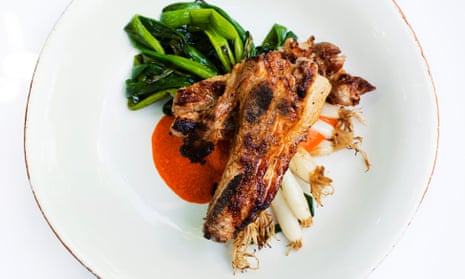 Grill power: grilled pork belly, spring onions and romesco.