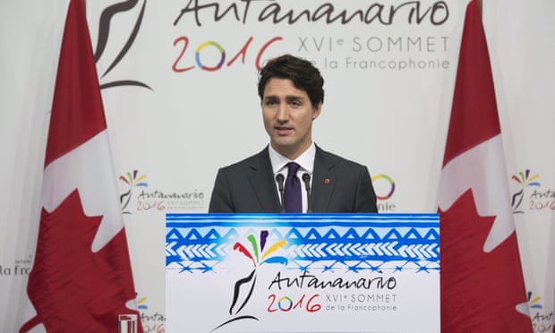  Justin Trudeau speaks during a news conference at the Francophonie Summit in Antananarivo, Madagascar. Photograph: Adrian Wyld/AP