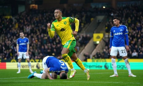 Norwich City's Adam Idah celebrates after Everton defender Michael Keane puts the ball in his own net.